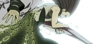 A sequence of anime frames shows a character in a white and black outfit being restrained by glowing green chains. As the…