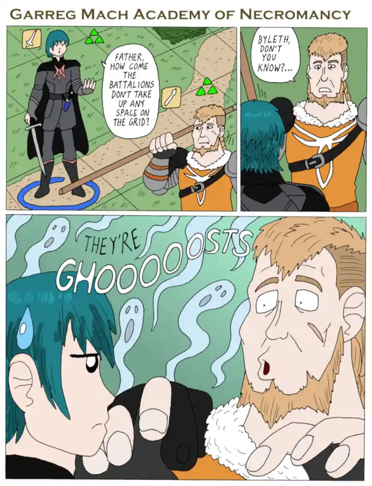A three-panel comic from 'Garreg Mach Academy of Necromancy' shows a young student asking why battalions don't occupy space…