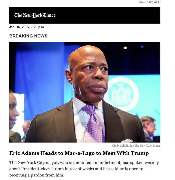 A screenshot of a New York Times article dated Jan. 16, 2025, shows a photo of Eric Adams, the New York City mayor, looking…