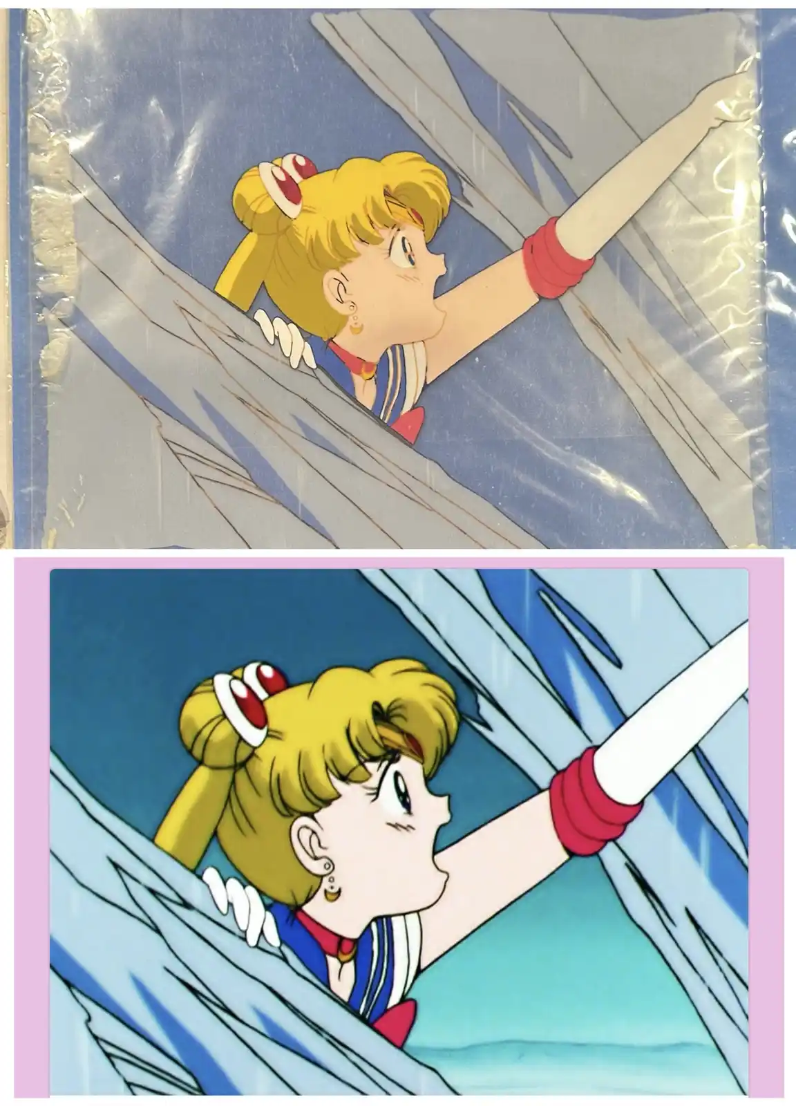 The image displays two panels of the anime character Sailor Moon, showing her in a dynamic pose with one arm extended…