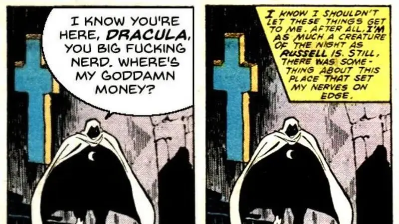 A two-panel comic strip featuring a cloaked figure with a crescent moon symbol on their chest, standing before a blue cross…