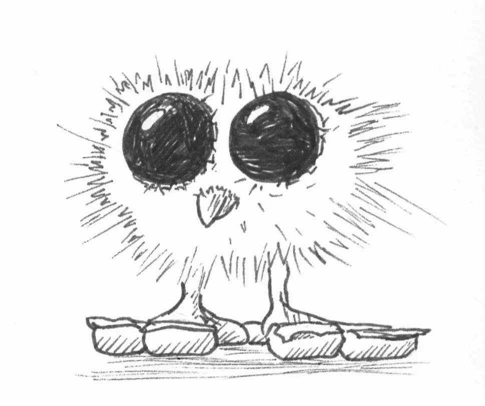 A hand-drawn black-and-white sketch shows a cartoonish, fluffy creature with enormous, wide eyes and radiating lines…