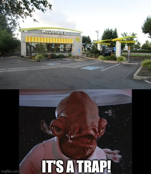 The image is split: the top half shows a McDonald's restaurant with its yellow and white branding, drive-thru, and parking…