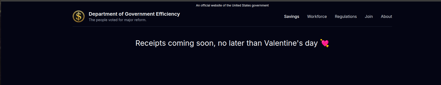 A mock government website header for the 'Department of Government Efficiency' with a dark background, featuring a…