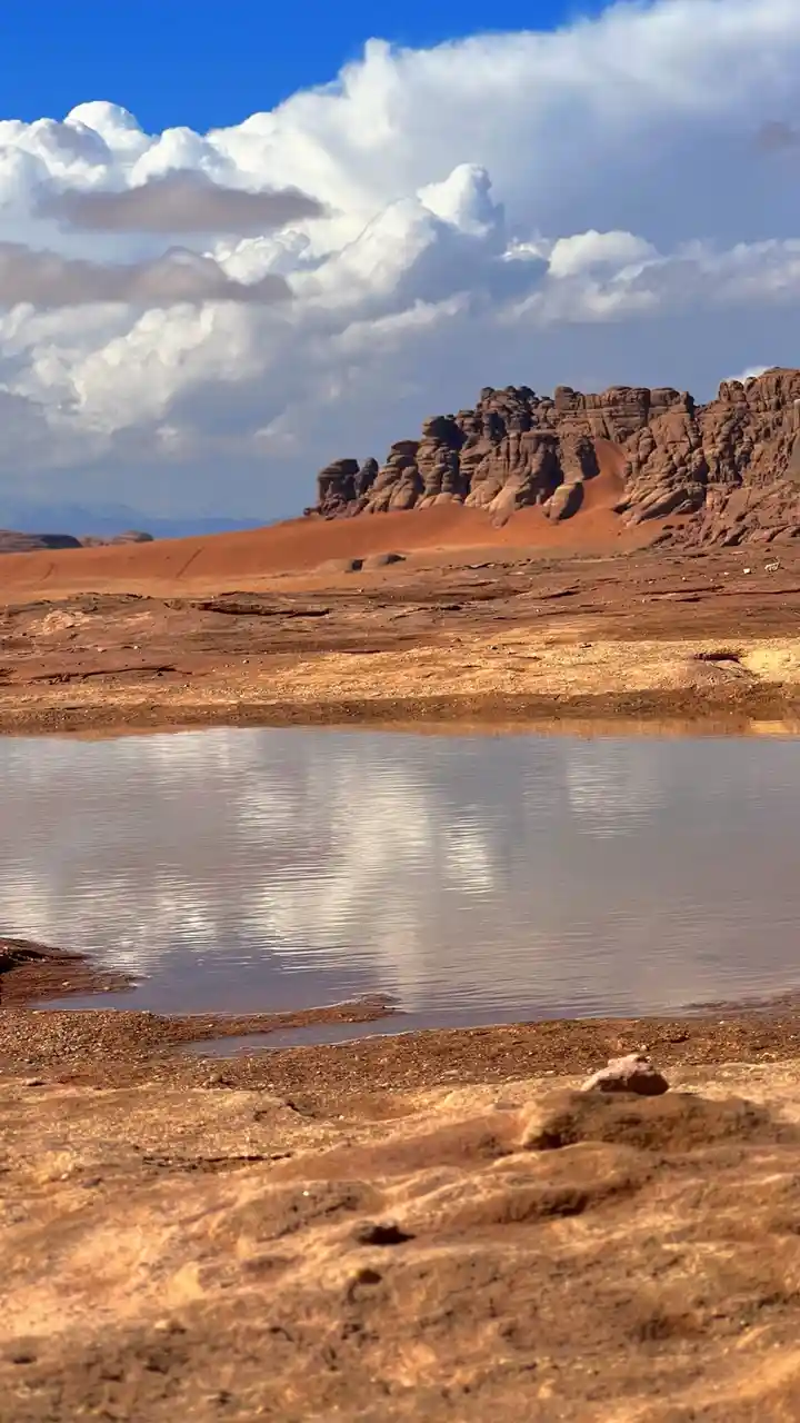 A scenic desert landscape with a calm body of water reflecting a dramatic sky with fluffy white clouds and distant red rock…