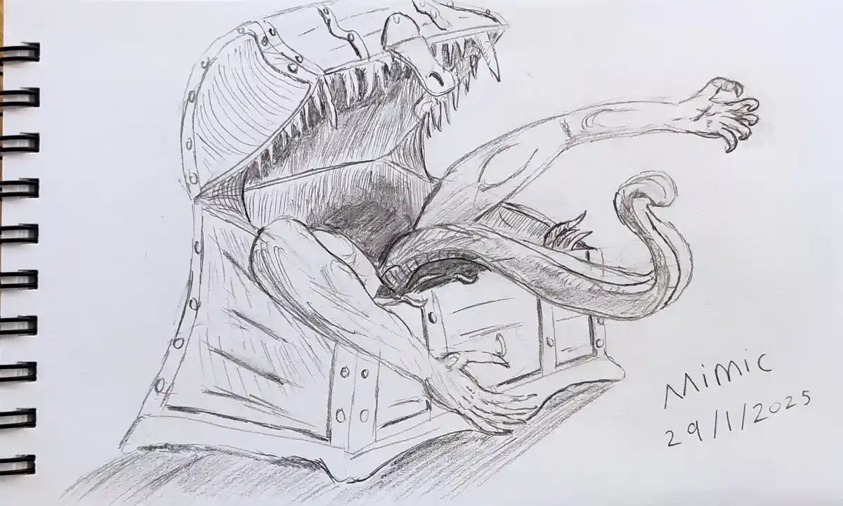 A pencil sketch of a monstrous creature emerging from a wooden chest, revealing sharp teeth, claws, and a long tail. The…