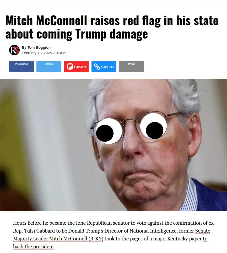 A screenshot of a news article with a photo of Mitch McConnell, whose eyes have been replaced with large, cartoonish googly…