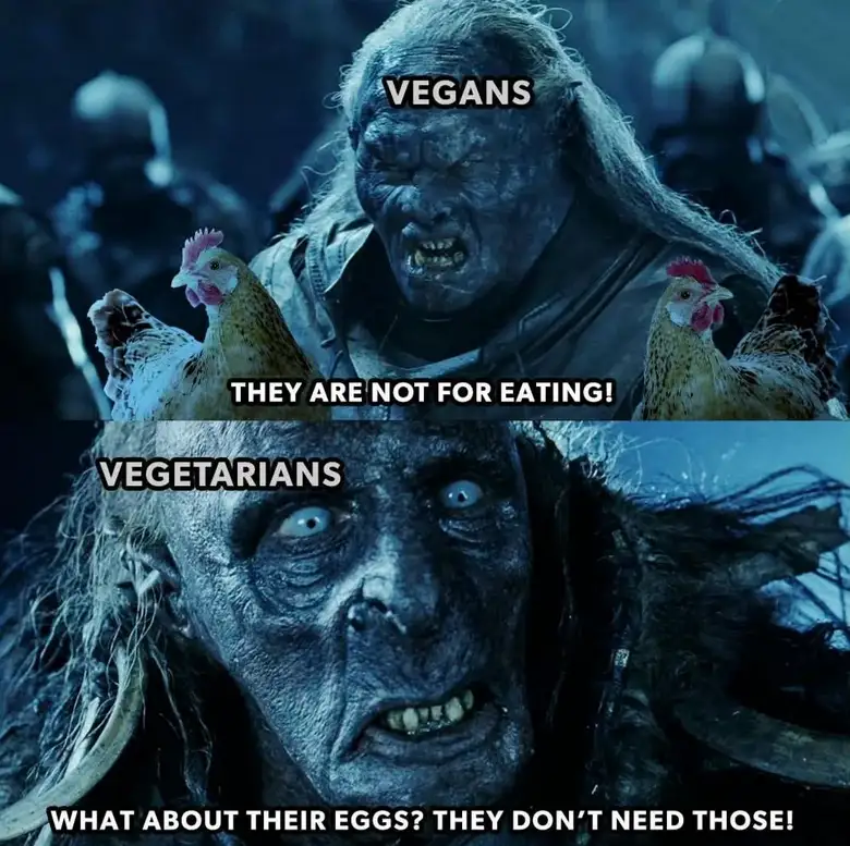 The image is a two-panel meme using scenes of a blue-skinned, angry orc from 'The Lord of the Rings'. The top panel shows…