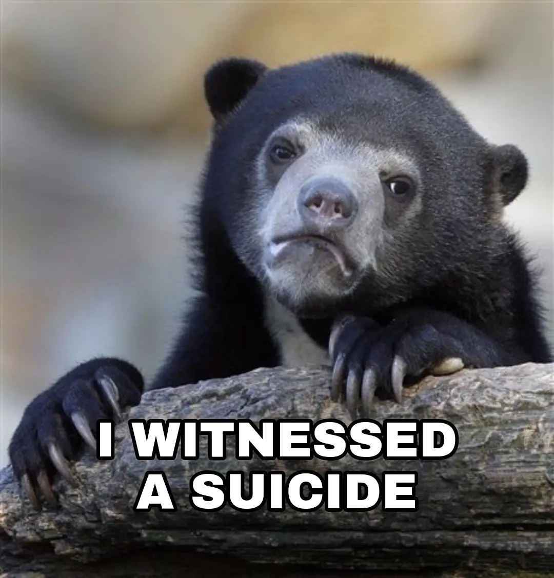 A close-up photo of a spectacled bear with a sad, melancholic expression, resting its paws on a log. The overlaid text in…
