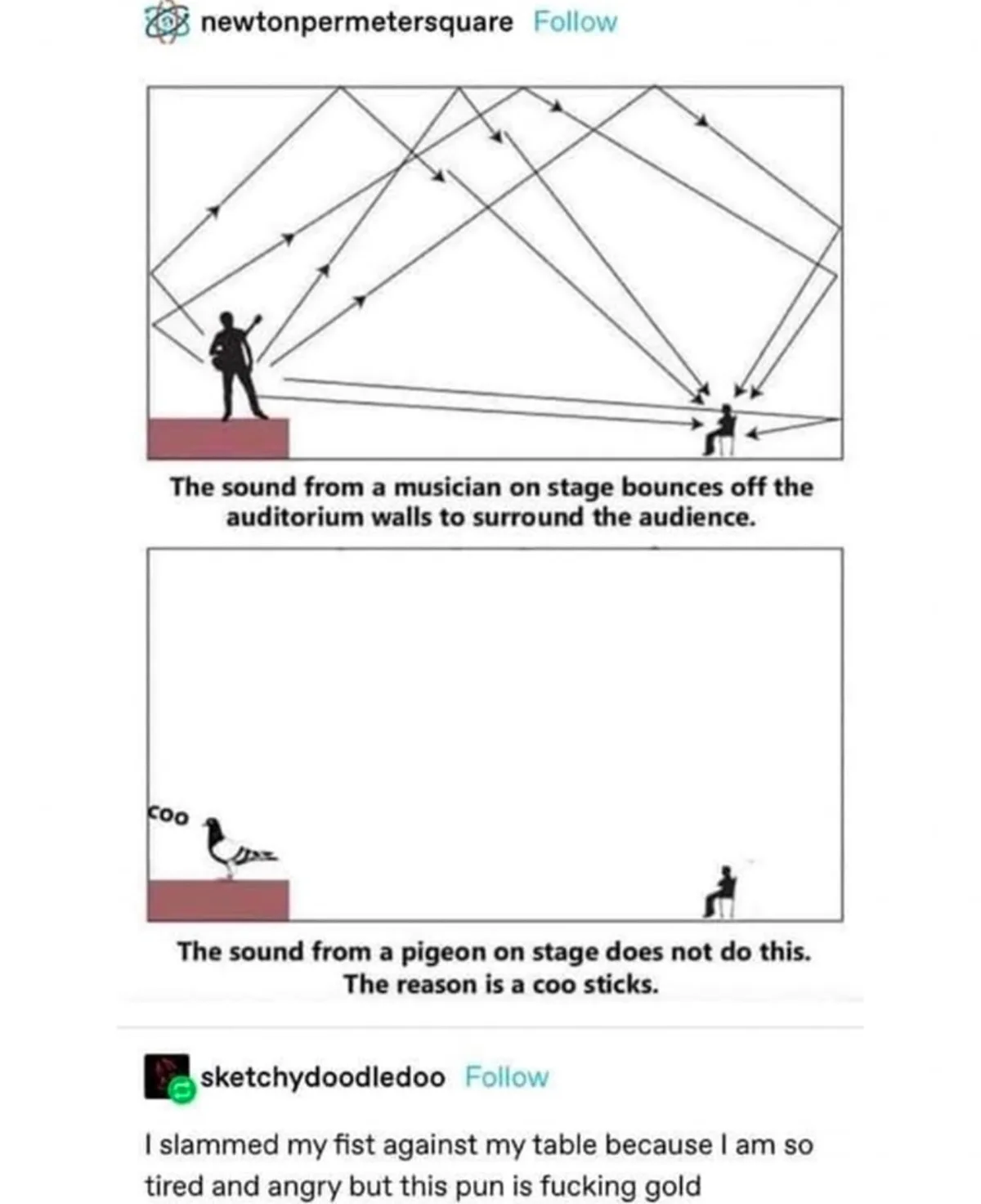 The image is a two-panel comic. The top panel shows a musician on stage with sound waves bouncing off walls to surround an…