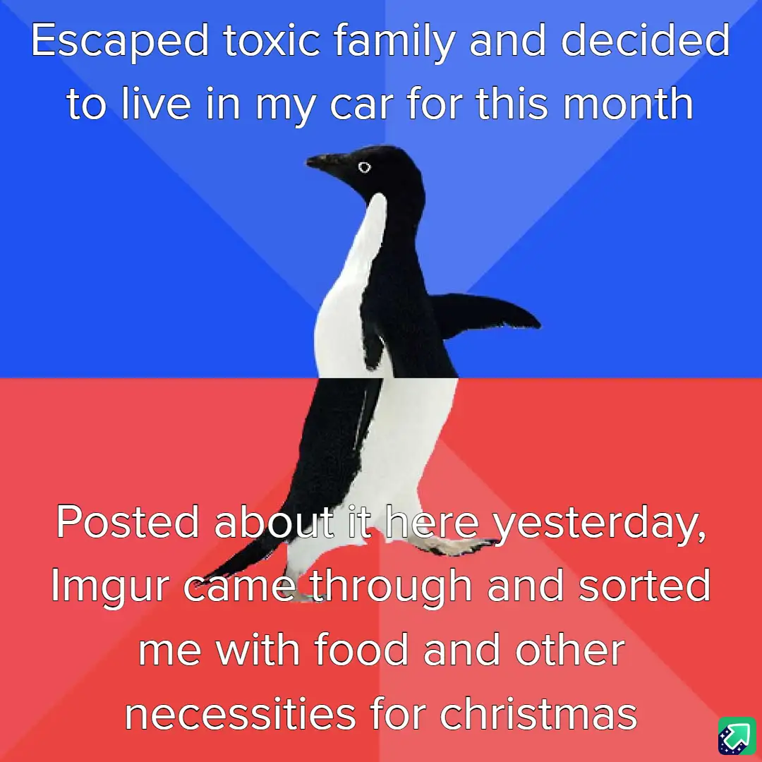 A penguin stands centered against a blue and red background, split horizontally. White text in the top blue section reads…