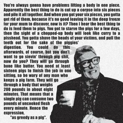 A black-and-white photo of a man in a suit holding a coffee cup, with a long block of text overlaid describing a grotesque…
