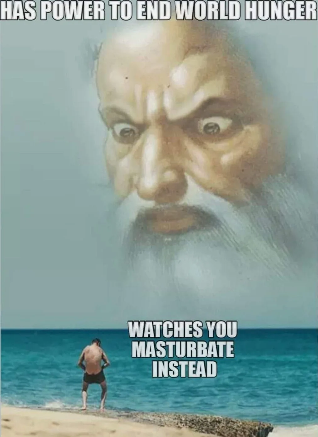 A shirtless man stands at the shoreline, facing the ocean, with a giant, angry-looking bearded face looming in the sky above…