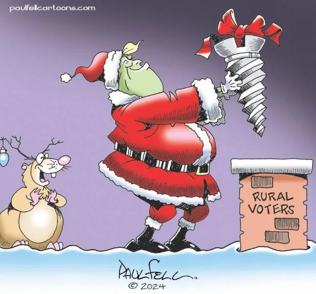 A cartoon depicts a green-skinned Santa Claus figure with a blonde hair tuft, wearing a red suit and hat, holding a large…