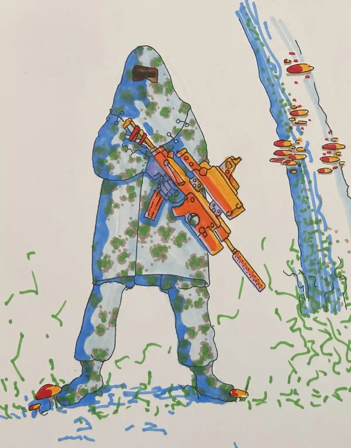 A hand-drawn illustration shows a figure in a blue, green, and brown camouflage outfit holding an orange and yellow toy gun…