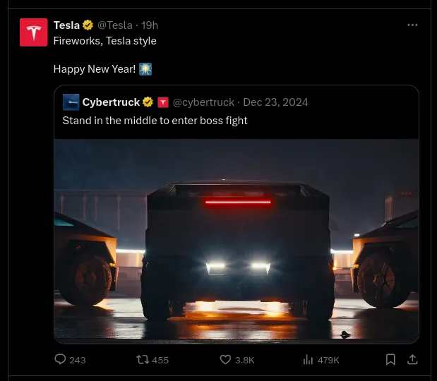 A screenshot of a Tesla Twitter post showing a dark, rainy night scene with three Cybertruck vehicles, one centered and two…