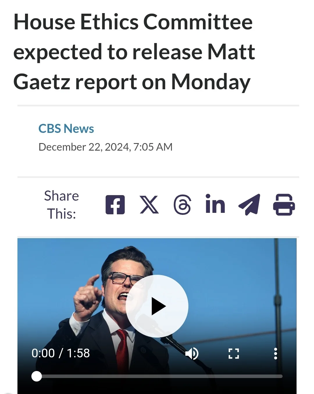 A screenshot of a CBS News article dated December 22, 2024, shows a video player with a photo of Matt Gaetz pointing and…