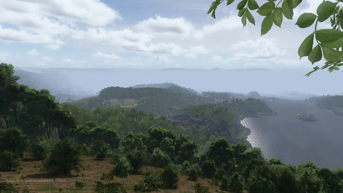 A serene, wide-angle view of a lush, forested landscape with rolling hills, a large lake, and distant mountains under a…