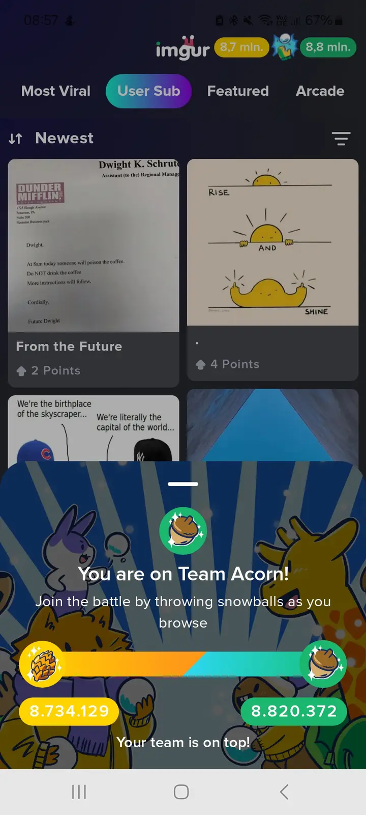 An Imgur app screenshot shows a 'Team Acorn' battle overlay with cartoon animals and scores, obscuring the background of…
