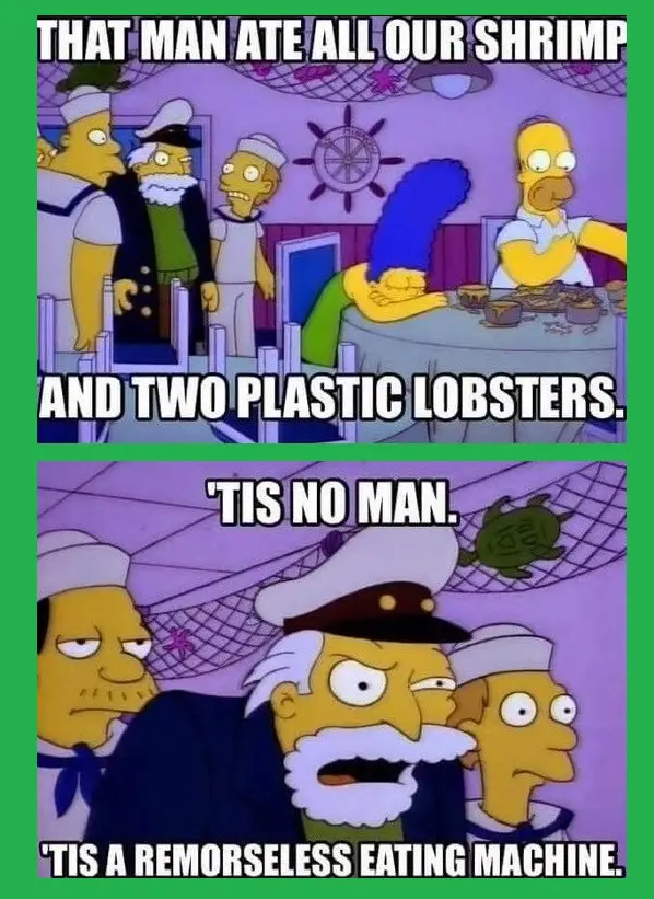 The image is a two-panel meme from The Simpsons. The top panel shows Homer Simpson sitting at a table with a large pile of…