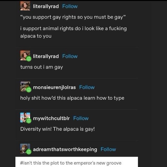 A screenshot of a social media thread where a user named literallyrad jokes that because they support animal rights and look…