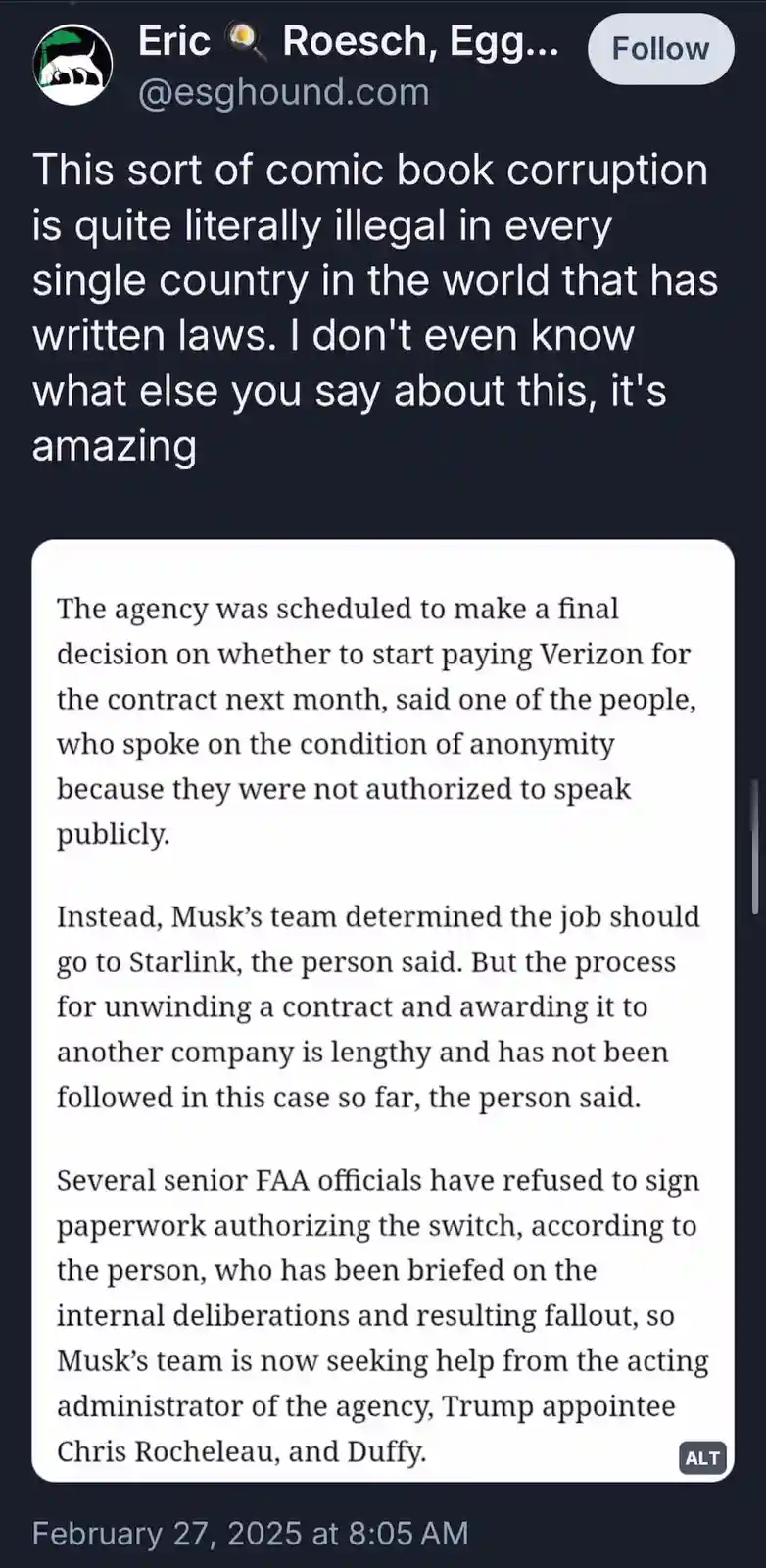 A screenshot of a social media post by Eric Roesch showing a text excerpt about FAA officials allegedly refusing to sign…