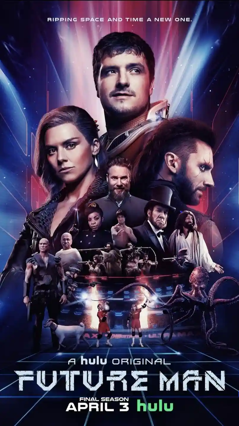 A promotional poster for the TV show 'Future Man' features a collage of its main cast and various historical and fictional…