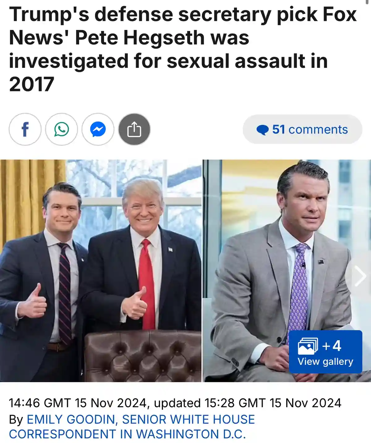 The image shows a news article screenshot with a headline about Pete Hegseth. The main photo features Donald Trump and Pete…
