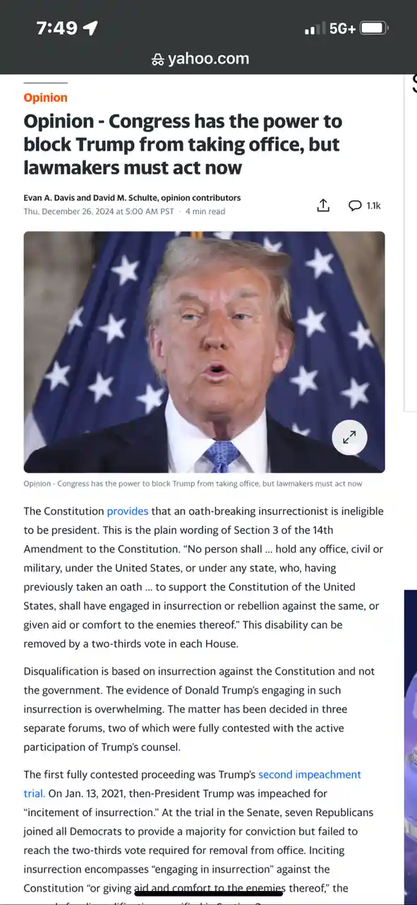 A screenshot of a Yahoo Opinion article from December 26, 2024, featuring a photo of Donald Trump speaking in front of an…