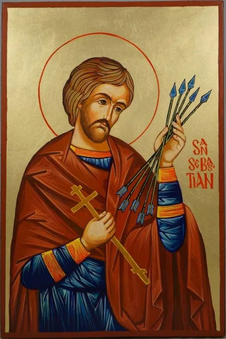 A traditional religious icon depicts Saint Sebastian, identifiable by his halo, red robe, blue undergarments, and arrows…