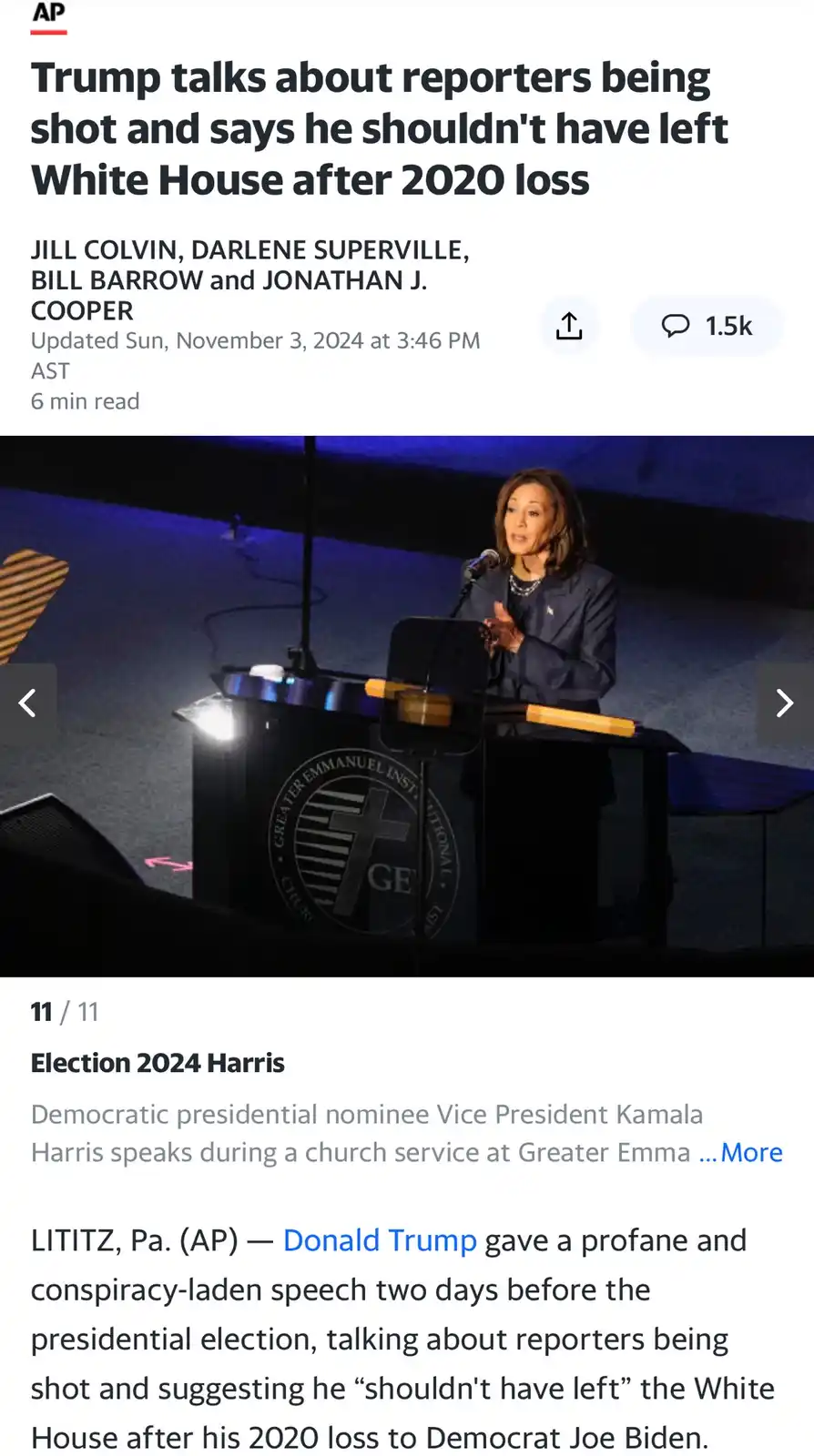 The image shows a screenshot of an AP news article with a photo of Kamala Harris speaking at a podium with the 'Greater…