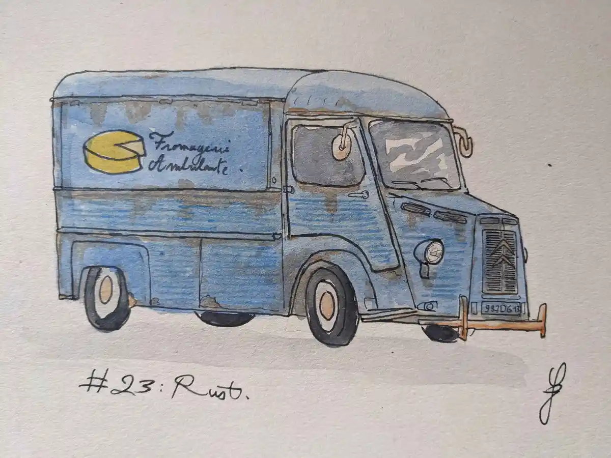 A watercolor drawing of a vintage blue Citroën truck with a logo of a yellow cheese wheel and the text 'Fromagerie…