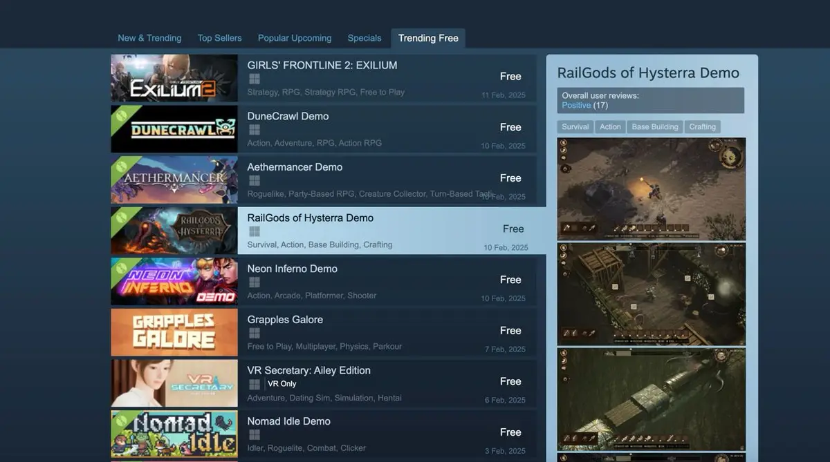 A screenshot of the Steam store's 'Trending Free' section, highlighting the game 'RailGods of Hysterra Demo' with its…