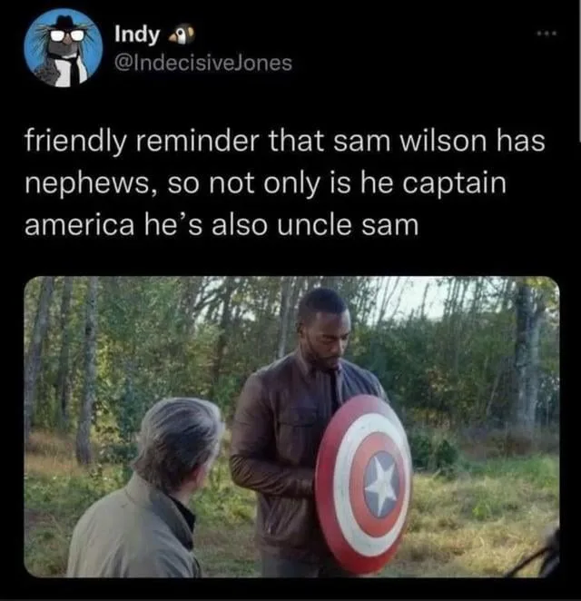 A screenshot of a tweet by user Indy (@IndecisiveJones) shows a still from a movie featuring Sam Wilson holding Captain…