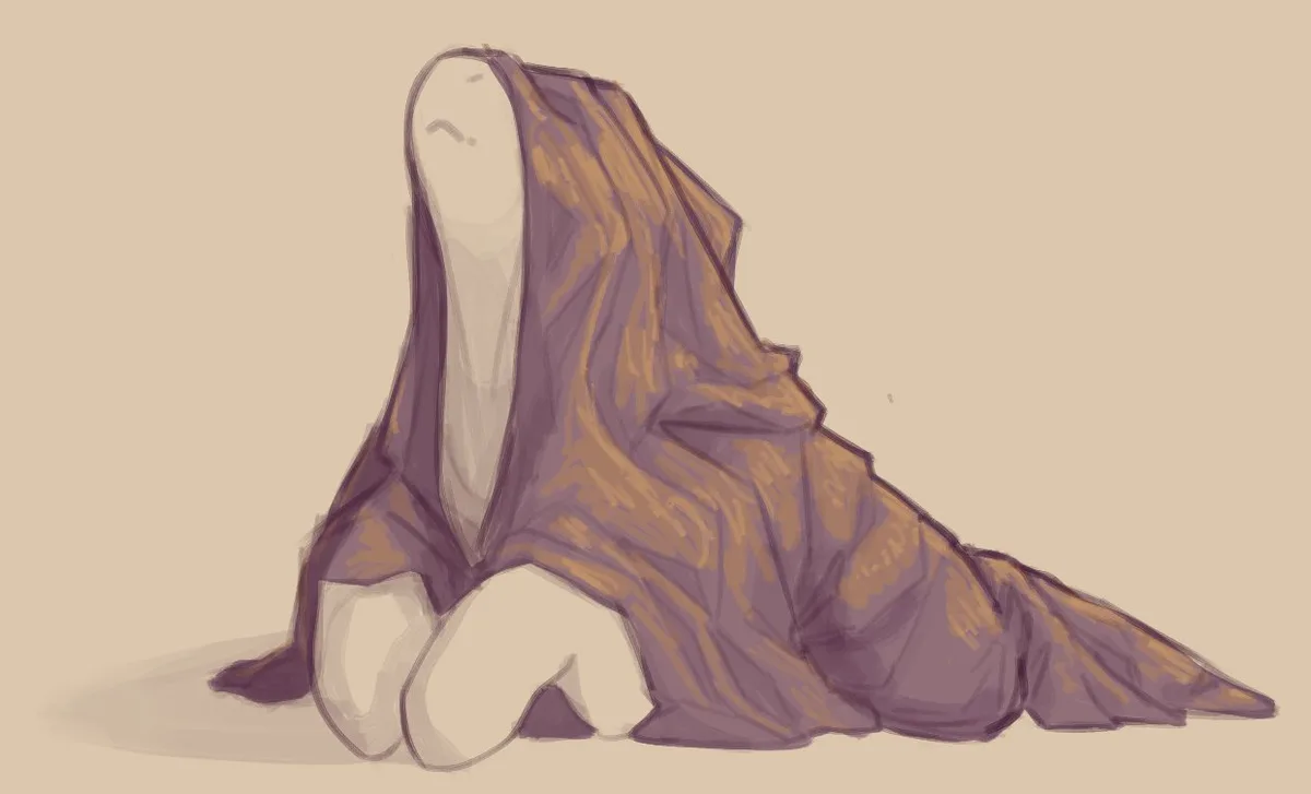 A simple digital drawing shows a person sitting on the floor, completely covered by a brownish-purple blanket except for…
