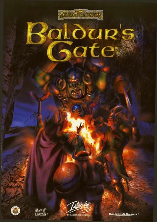 The cover art for the video game Baldur's Gate, featuring a large, menacing armored figure with glowing eyes and a fiery…