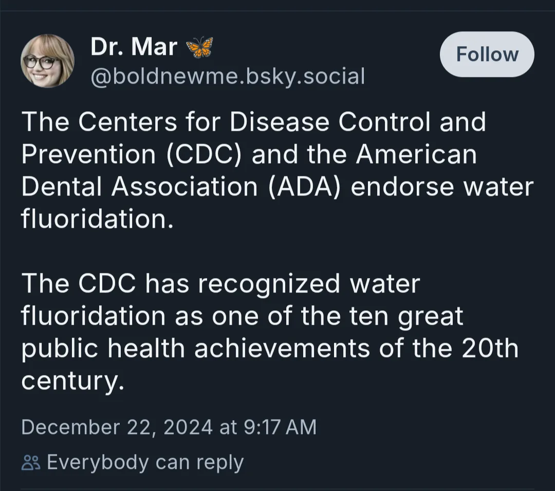 A screenshot of a social media post from 'Dr. Mar' on a platform resembling Bluesky, displaying text that states the CDC and…