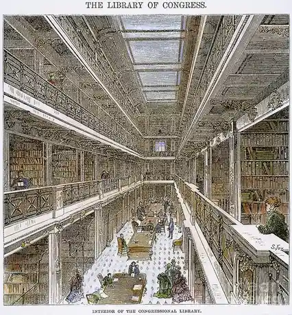 An ornate, vintage illustration depicts the grand, multi-level interior of the Library of Congress, featuring towering…