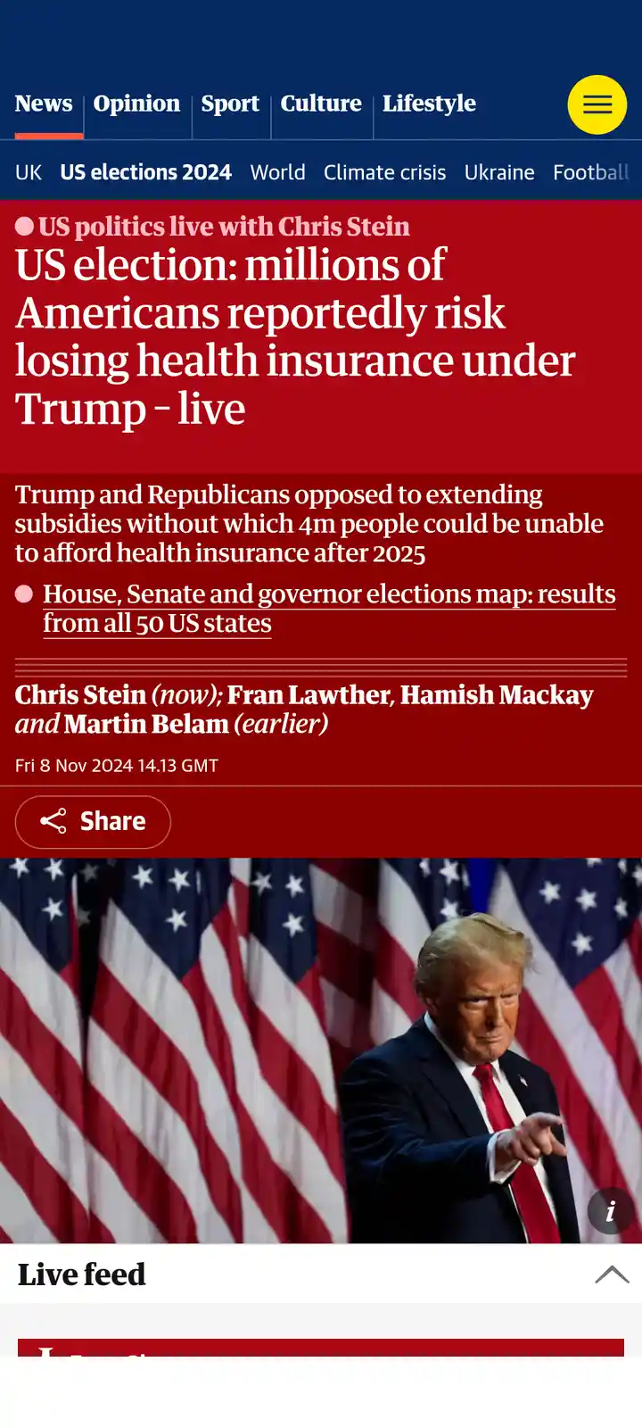 A screenshot of a news article about the US election, featuring a photo of Donald Trump pointing while standing in front of…