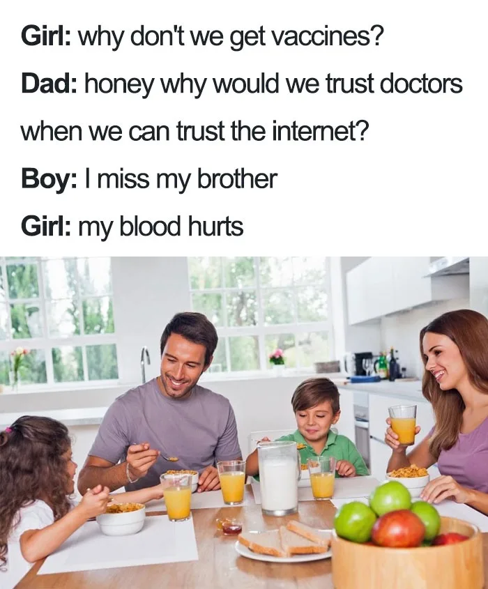 A family of four is having breakfast at a kitchen table with cereal, milk, orange juice, and fruit. The father, mother, and…