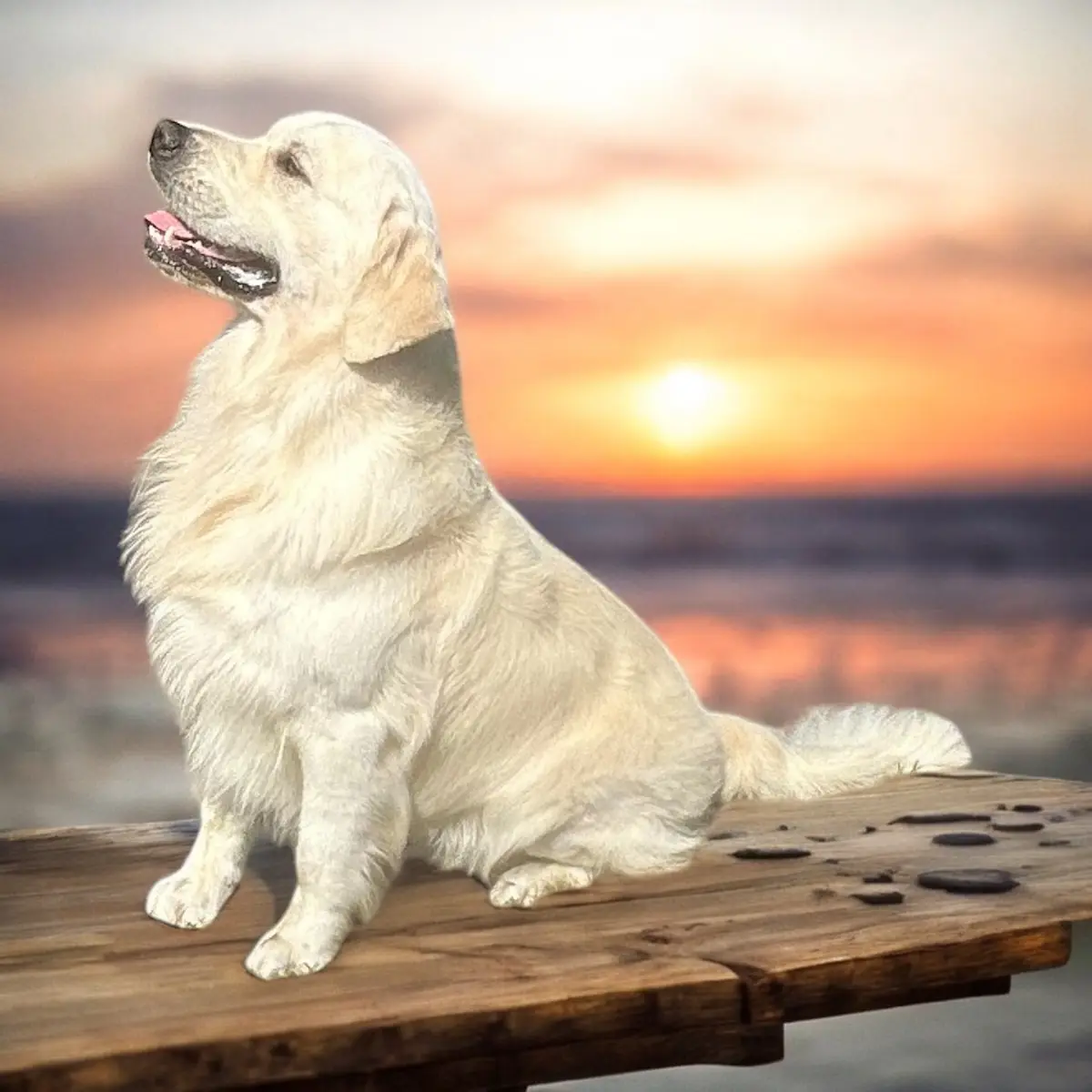 A golden retriever sits calmly on a weathered wooden bench, gazing upward with its mouth slightly open, against a backdrop…