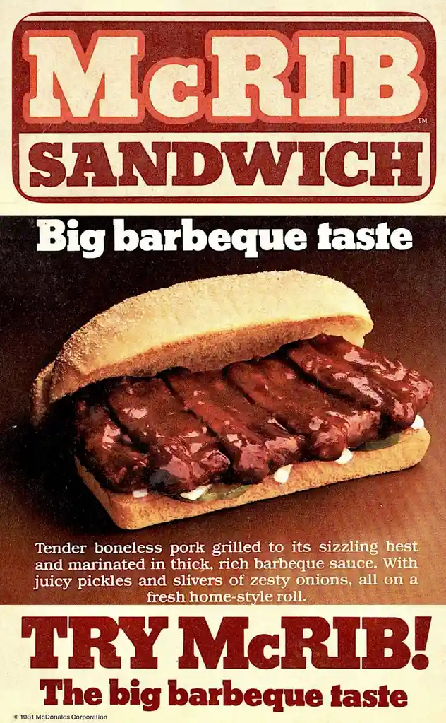 This vintage 1981 McDonald's advertisement features a McRib sandwich, showcasing a boneless pork patty glazed in barbecue…