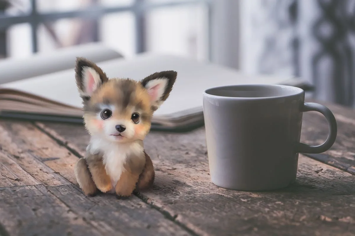A small, cute, cartoon-style fox cub with large eyes sits on a wooden table next to a plain white coffee mug. Behind them is…