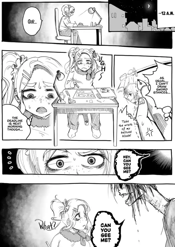 A black-and-white manga-style comic strip shows a stressed anime girl drawing at midnight, frustrated by her inability to…