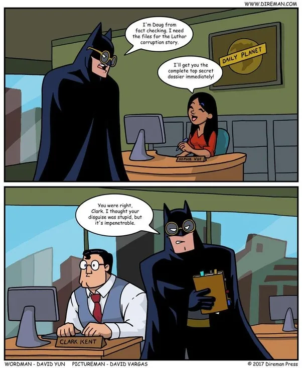 A two-panel comic strip from 'Direman' shows Batman in a disguise as 'Doug' at the Daily Planet newsroom, asking for files…