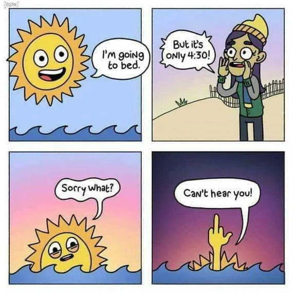 A four-panel comic strip shows a cartoon sun announcing it's going to bed. A person in a beanie protests that it's only…