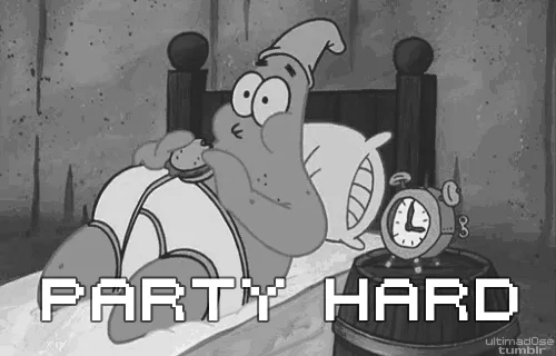The image is a black-and-white, six-panel meme featuring Patrick Star from SpongeBob SquarePants in bed, looking at an alarm…