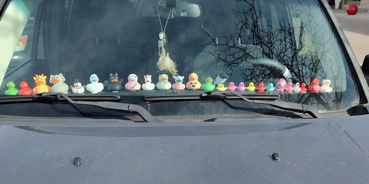 A row of colorful, varied rubber duck figurines sits across the top of a car's windshield, including themed ducks like a…