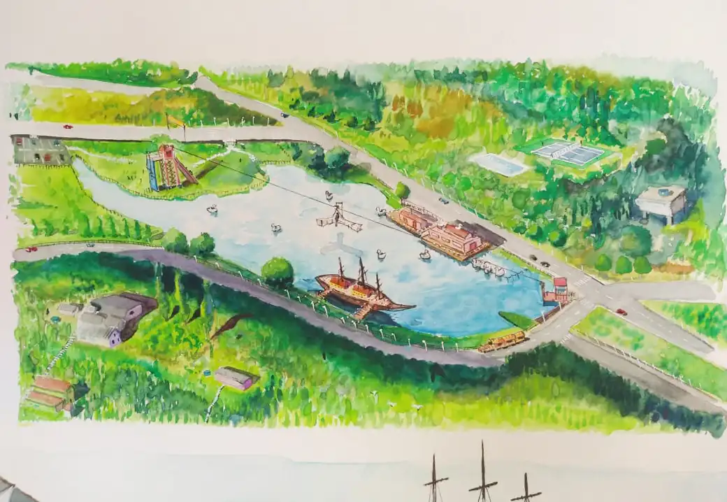 a watercolor illustration depicts a park with a lake, boats, a shipwreck, a playground, tennis courts, and roads with cars…
