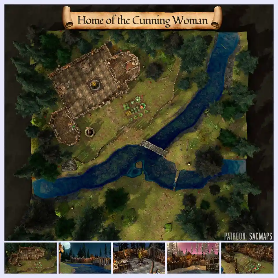 An overhead fantasy map depicts a rustic wooden house surrounded by forest and a winding river, with a banner at the top…